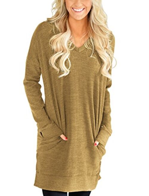 XUERRY Womens Casual V-Neck Solid Color Long Sleeves with Pocket Sweatshirt Tunics Blouse Tops