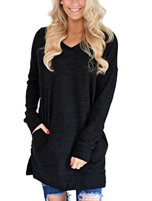 XUERRY Womens Casual V-Neck Solid Color Long Sleeves with Pocket Sweatshirt Tunics Blouse Tops