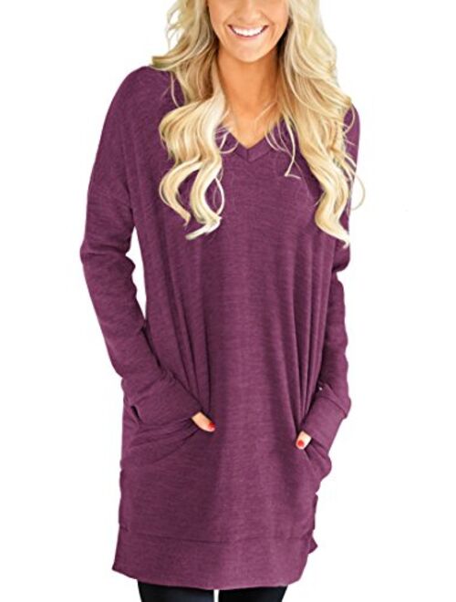 XUERRY Womens Casual V-Neck Solid Color Long Sleeves with Pocket Sweatshirt Tunics Blouse Tops