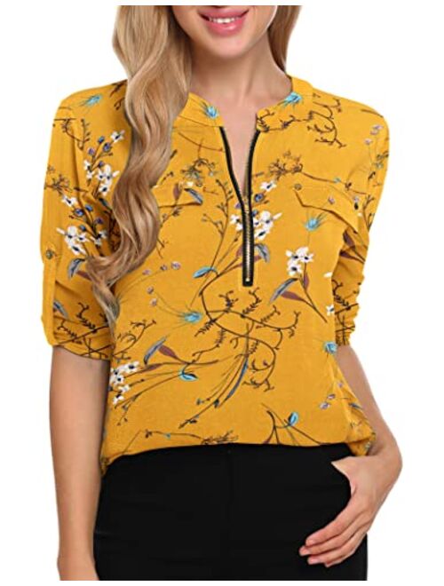 ANGVNS Women's V Neck Chiffon Blouse Zip Front Work Casual Top 3/4 Roll Sleeve Floral/Solid Tunic Dress Shirts