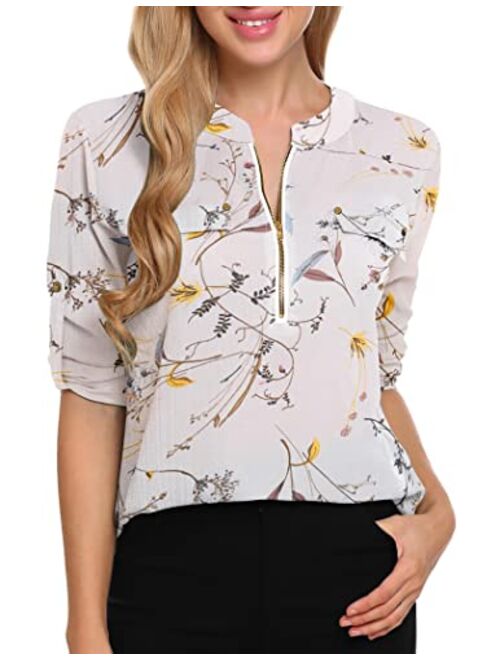 ANGVNS Women's V Neck Chiffon Blouse Zip Front Work Casual Top 3/4 Roll Sleeve Floral/Solid Tunic Dress Shirts