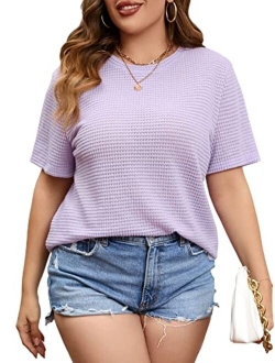 Women's Plus Size Short Sleeve Tee Round Neck Waffle Knit T Shirts Tops