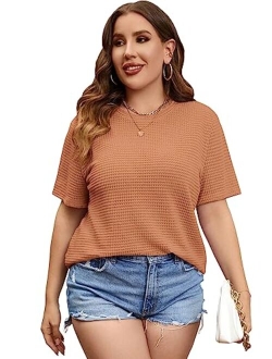 Women's Plus Size Short Sleeve Tee Round Neck Waffle Knit T Shirts Tops