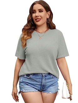 Women's Plus Size Short Sleeve Tee Round Neck Waffle Knit T Shirts Tops