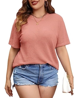 Women's Plus Size Short Sleeve Tee Round Neck Waffle Knit T Shirts Tops