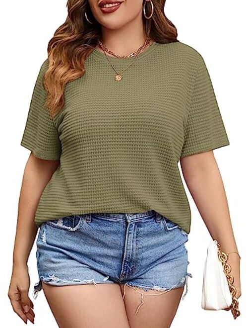 SOLY HUX Women's Plus Size Short Sleeve Tee Round Neck Waffle Knit T Shirts Tops