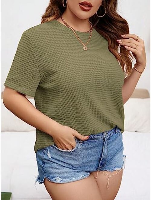 SOLY HUX Women's Plus Size Short Sleeve Tee Round Neck Waffle Knit T Shirts Tops