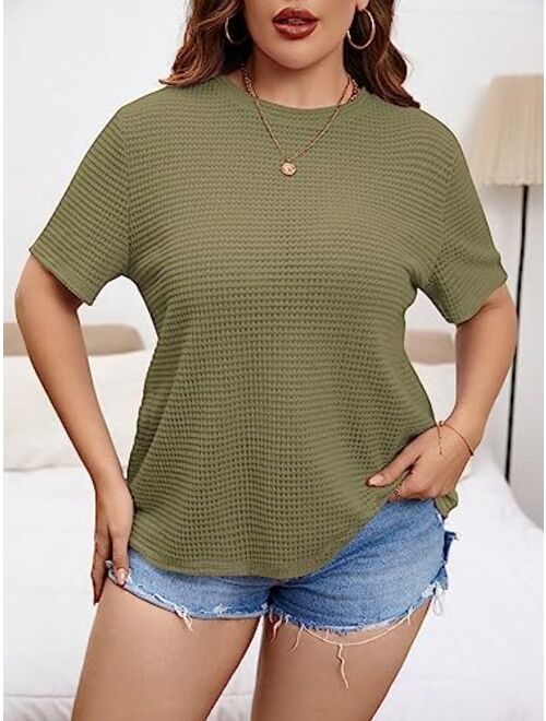 SOLY HUX Women's Plus Size Short Sleeve Tee Round Neck Waffle Knit T Shirts Tops