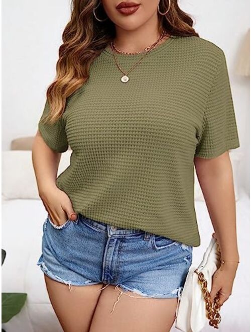 SOLY HUX Women's Plus Size Short Sleeve Tee Round Neck Waffle Knit T Shirts Tops