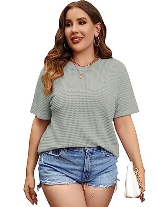 SOLY HUX Women's Plus Size Short Sleeve Tee Round Neck Waffle Knit T Shirts Tops