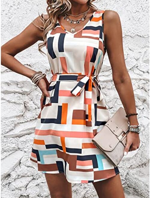 SOLY HUX Women's Geo Print V Neck Belted A Line Mini Dress Sleeveless Summer Swing Tank Dresses