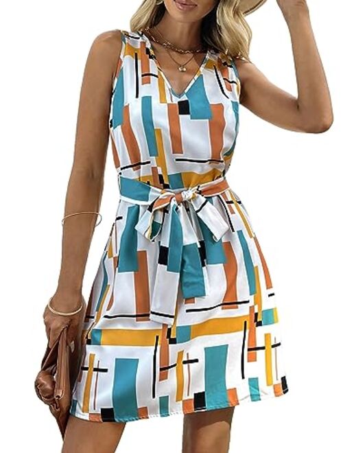 SOLY HUX Women's Geo Print V Neck Belted A Line Mini Dress Sleeveless Summer Swing Tank Dresses