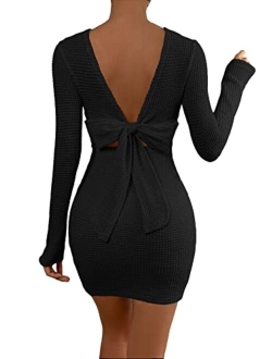 Women's Tie Backless Long Sleeve Bodycon Mini Dress Sexy Dresses