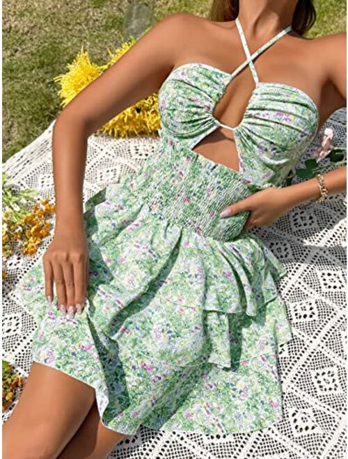 SOLY HUX Women's Floral Print Criss Cross Halter Tie Backless Shirred Layered Ruffle Hem Dress