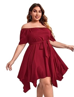 Plus Size Women Summer Sexy Off The Shoulder Striped Short Sleeve Asymmetrical Belted Mini Sundresses