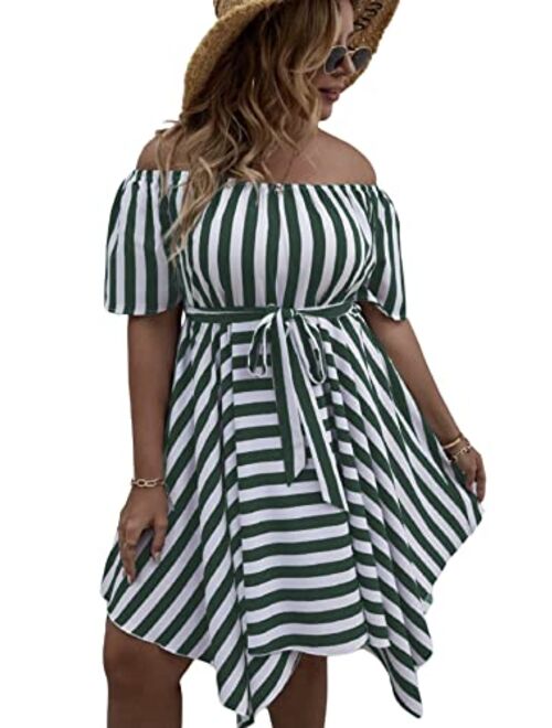 SOLY HUX Plus Size Women Summer Sexy Off The Shoulder Striped Short Sleeve Asymmetrical Belted Mini Sundresses