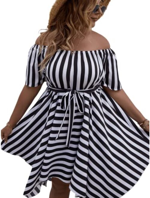 SOLY HUX Plus Size Women Summer Sexy Off The Shoulder Striped Short Sleeve Asymmetrical Belted Mini Sundresses