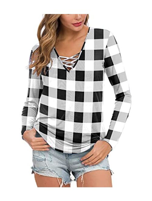 Feiersi Womens Casual Long Sleeve Criss Cross Tunic Tops Loose Blouse Shirt