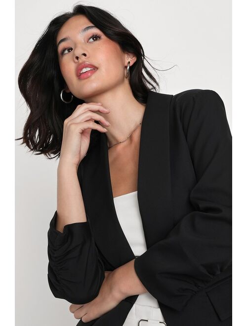 Lulus Back in Business Black Ruched Sleeve Blazer