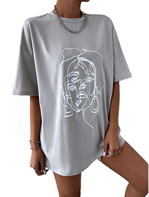 SOLY HUX Women's Figure Graphic Print Half Sleeve T Shirt Drop Shoulder Oversized Tee Top