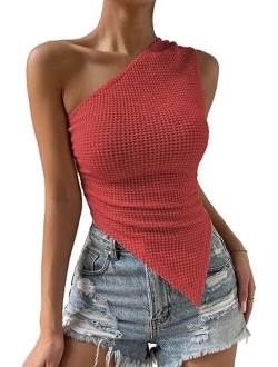 Women's Sleeveless One Shoulder Ruched Asymmetrical Hem Tank Top Summer Tops