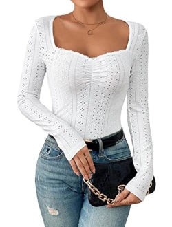 Women's Long Sleeve T Shirts Sweetheart Neck Ruched Tops Eyelet Basic Shirt Slim Fitted Tee