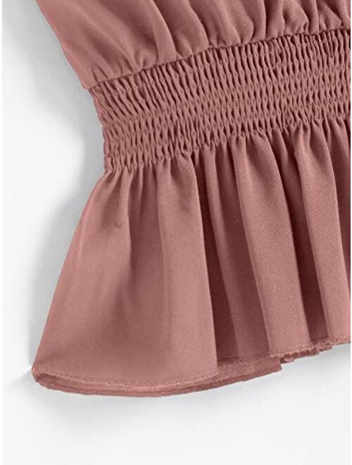 SOLY HUX Women's V Neck Shirred Ruffle Hem Cami Crop Top Spaghetti Strap Summer Tops