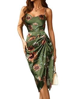 Women's Floral Print Ruched Split Hem Satin Cami Dress Midi Dresses