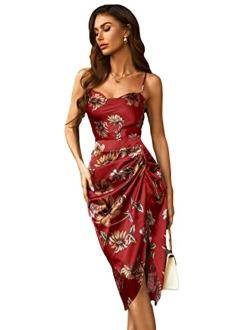 Women's Floral Print Ruched Split Hem Satin Cami Dress Midi Dresses