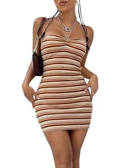 Women's Striped Halter Tie Backless Bodycon Mini Dress Sleeveless Party Club Dresses