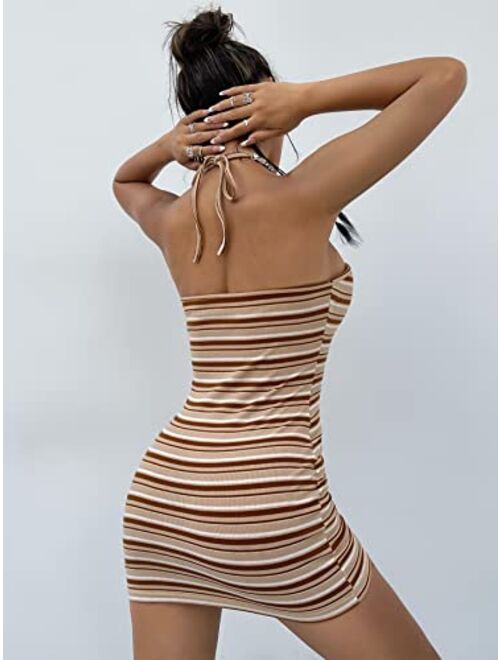 SOLY HUX Women's Striped Halter Tie Backless Bodycon Mini Dress Sleeveless Party Club Dresses