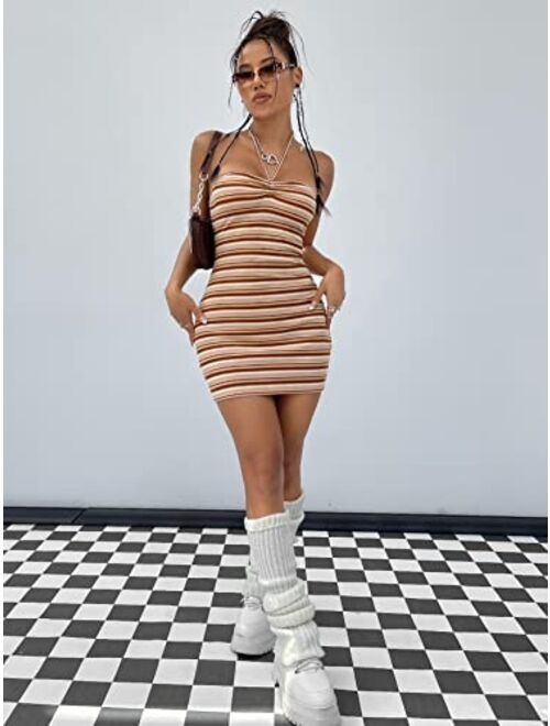 SOLY HUX Women's Striped Halter Tie Backless Bodycon Mini Dress Sleeveless Party Club Dresses