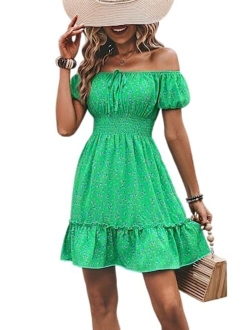 Womens Ditsy Floral Off Shoulder Mini Dress A Line Boho Summer Dresses