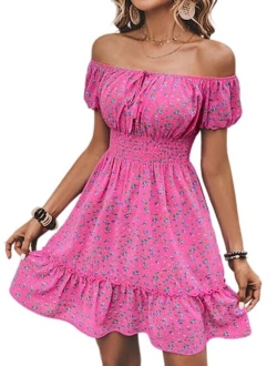 Womens Ditsy Floral Off Shoulder Mini Dress A Line Boho Summer Dresses