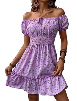 Womens Ditsy Floral Off Shoulder Mini Dress A Line Boho Summer Dresses