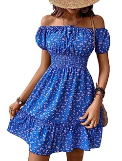 Womens Ditsy Floral Off Shoulder Mini Dress A Line Boho Summer Dresses