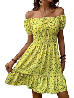 Womens Ditsy Floral Off Shoulder Mini Dress A Line Boho Summer Dresses