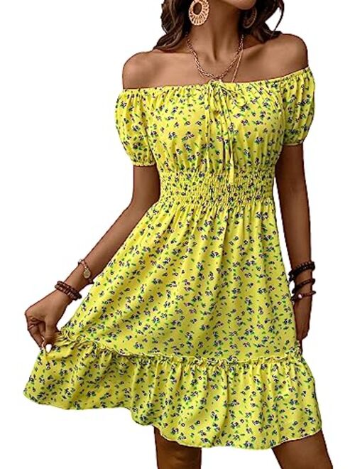 SOLY HUX Womens Ditsy Floral Off Shoulder Mini Dress A Line Boho Summer Dresses