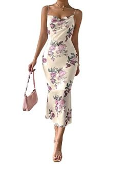 Women's Floral Print Cowl Neck Spaghetti Strap Bodycon Cami Dress Summer Midi Dresses