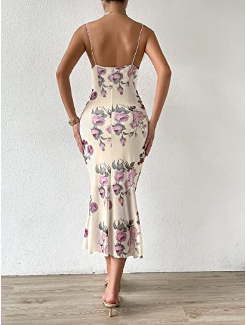 SOLY HUX Women's Floral Print Cowl Neck Spaghetti Strap Bodycon Cami Dress Summer Midi Dresses
