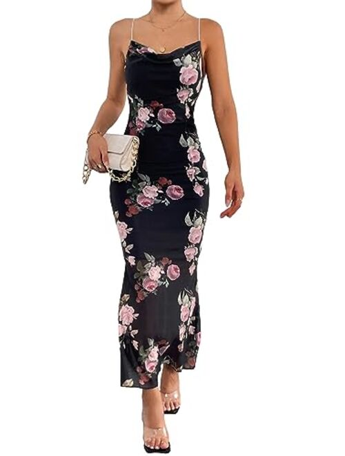 SOLY HUX Women's Floral Print Cowl Neck Spaghetti Strap Bodycon Cami Dress Summer Midi Dresses