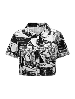 Women's Figure Print Button Down Shirt Graphic Pattern Short Sleeve Crop Tops Casual Blouses