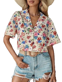 Women's Figure Print Button Down Shirt Graphic Pattern Short Sleeve Crop Tops Casual Blouses