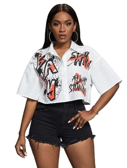 Women's Figure Print Button Down Shirt Graphic Pattern Short Sleeve Crop Tops Casual Blouses