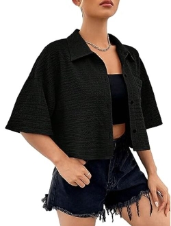 Women's Figure Print Button Down Shirt Graphic Pattern Short Sleeve Crop Tops Casual Blouses