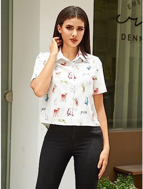 SOLY HUX Women's Figure Print Button Down Shirt Graphic Pattern Short Sleeve Crop Tops Casual Blouses