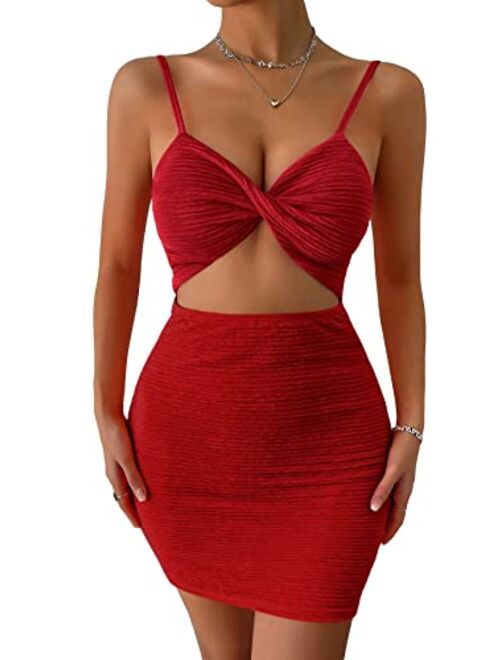 SOLY HUX Women's Cut Out Spaghetti Strap Sleeveless Ruched Slim Fit Bodycon Mini Dress