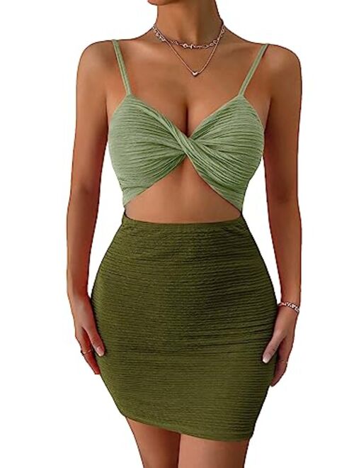 SOLY HUX Women's Cut Out Spaghetti Strap Sleeveless Ruched Slim Fit Bodycon Mini Dress