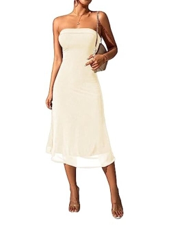 Women's Strapless Midi Dress Tube Top Off Shoulder Sleeveless Long Cocktai Club Party Basic Dresses