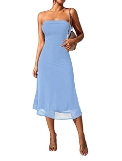 Women's Strapless Midi Dress Tube Top Off Shoulder Sleeveless Long Cocktai Club Party Basic Dresses